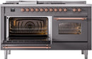 ILVE Nostalgie II 60-Inch Natural Gas Dual Fuel Range with 7 Burners, Griddle, & French Top with Triple Glass Door Oven in Matte Graphite with Copper Trim (UP60FSNMPMGP)