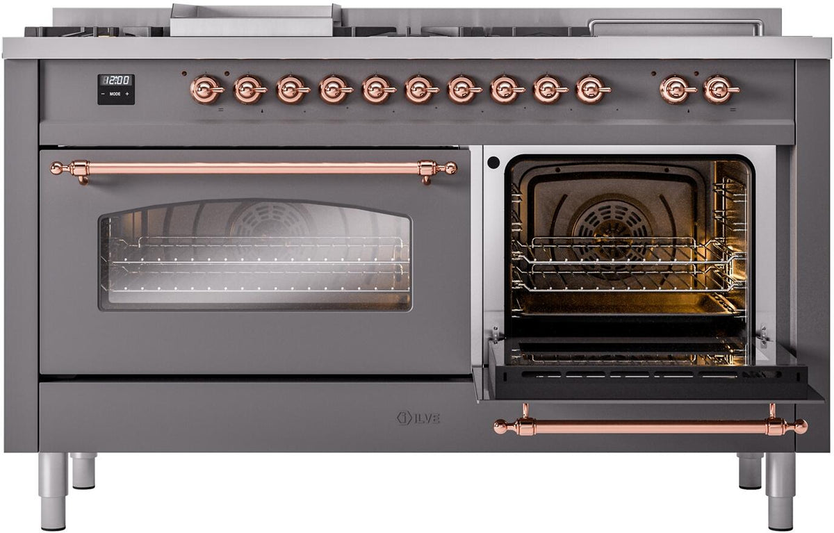 Matte graphite dual fuel range with left oven door closed and right oven door open, copper handle