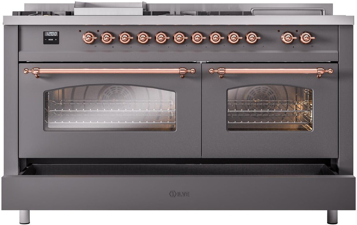 Matte graphite dual fuel range with both oven doors closed and copper front handles