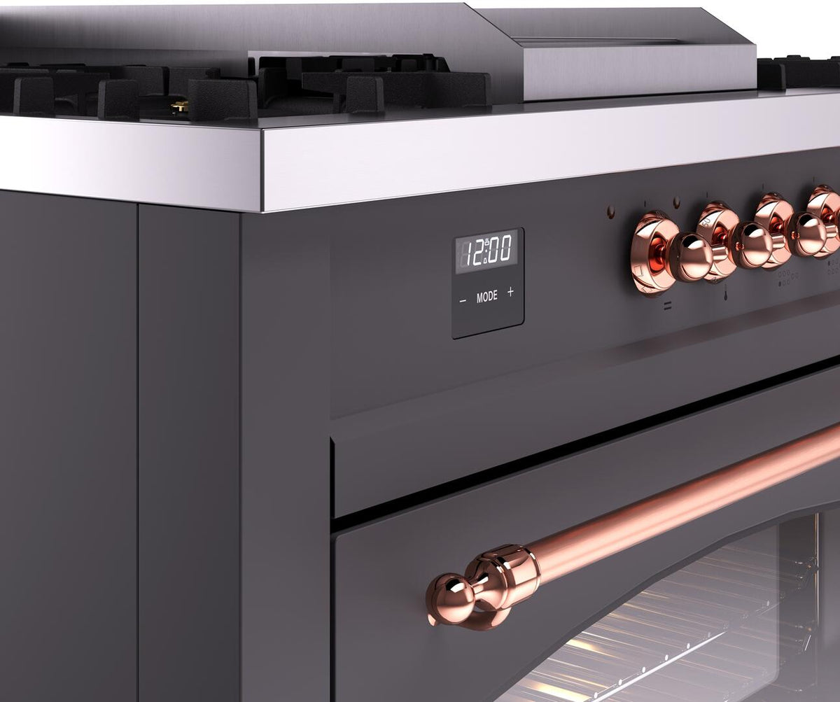 Matte graphite dual fuel range control panel with copper knob row and digital display