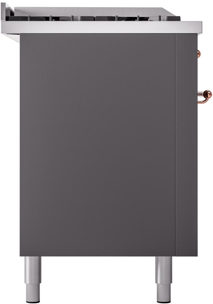 Matte graphite range side panel with copper knob detail and adjustable feet