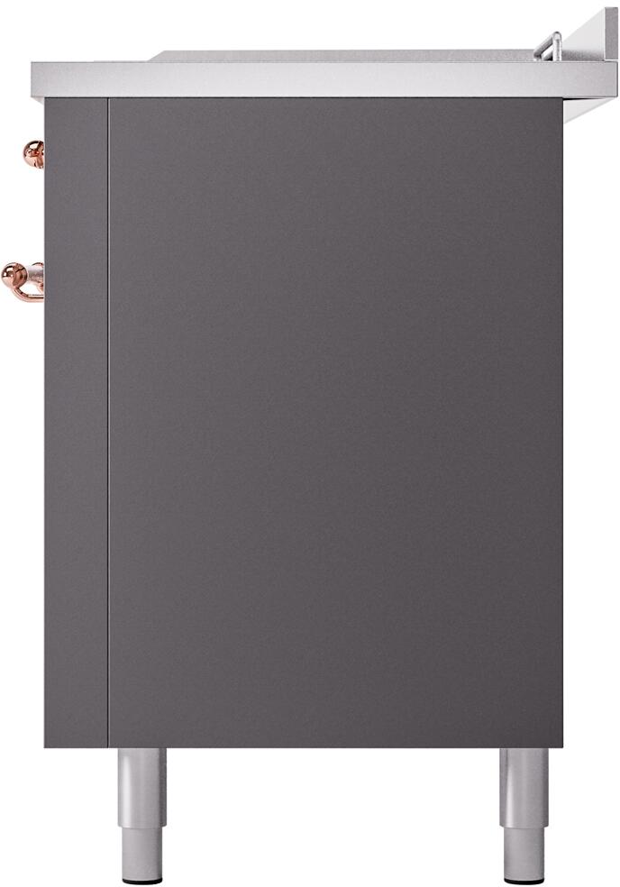 Matte graphite range end panel with copper knob detail and leveling feet