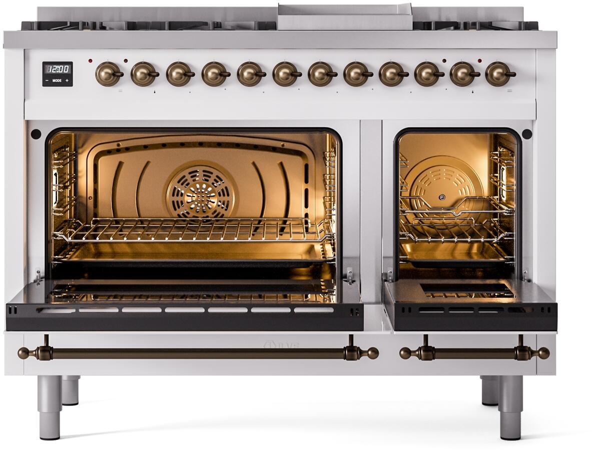 White dual fuel range front view with lit ovens open and bronze oven door handles.