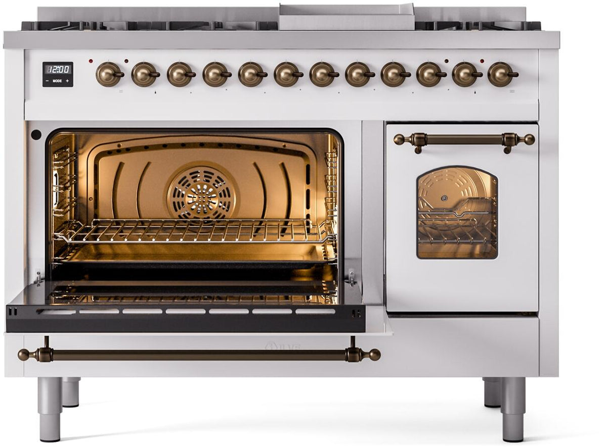 Freestanding dual fuel range with oven door open and lit interior racks