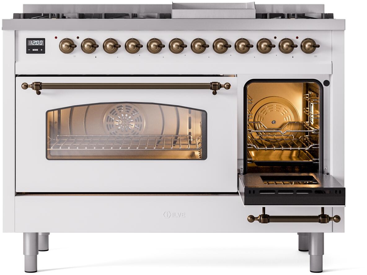 White dual fuel range with one oven door open, lit interior rack and bronze accents.