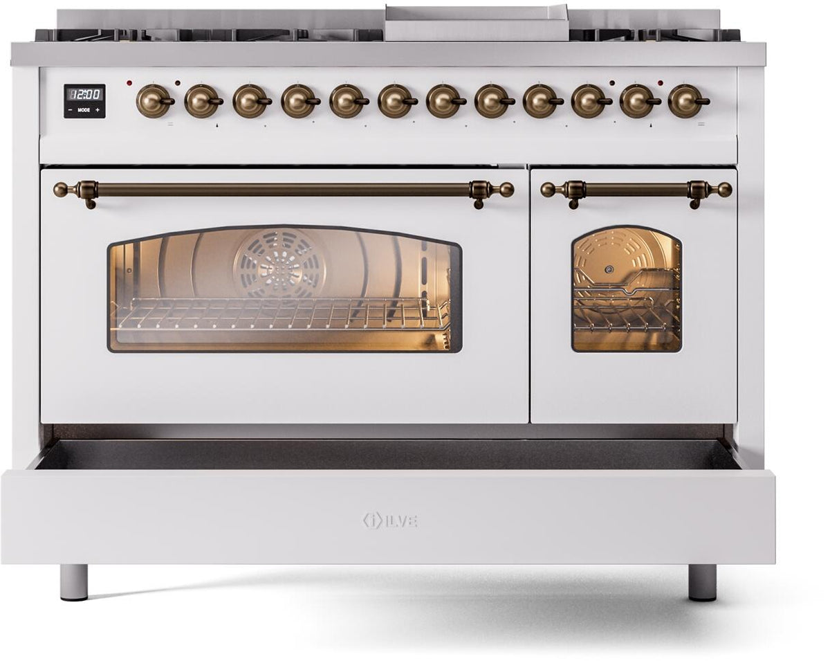 White dual fuel range with oven doors closed, bronze knobs, and control display on left.