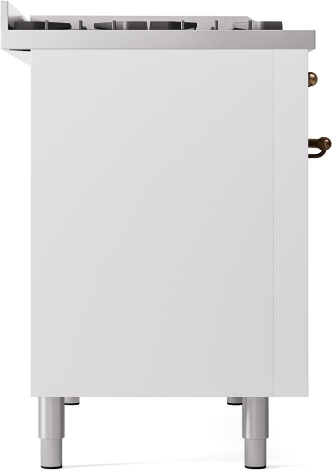Freestanding white dual fuel range with four metal feet and smooth front panel