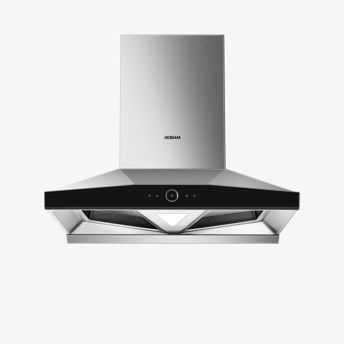 Stainless steel wall mount range hood with chimney top and mesh filter grilles, centered view