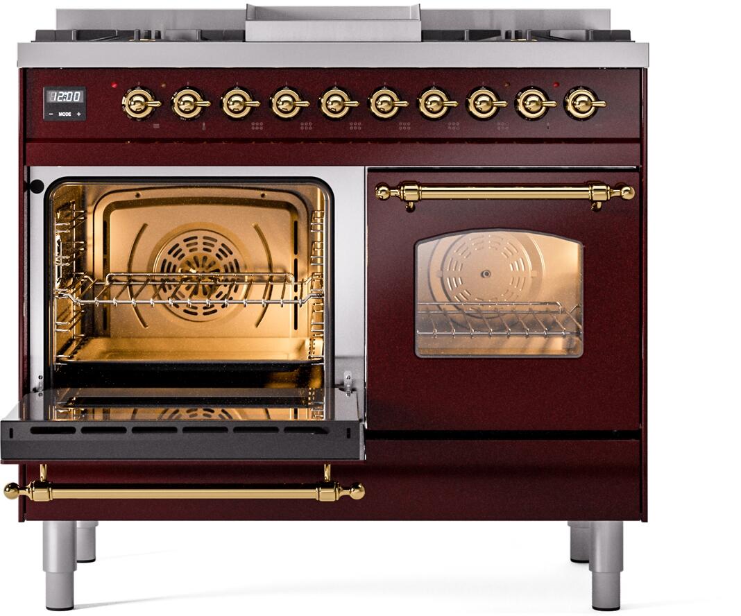 Burgundy freestanding range with brass handle, one oven door open, visible fan