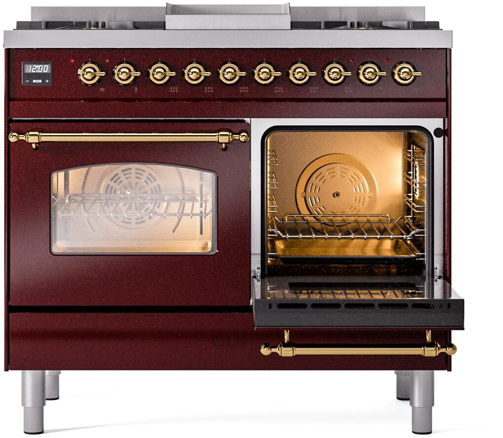 Burgundy freestanding double-oven range with brass trim and open oven door