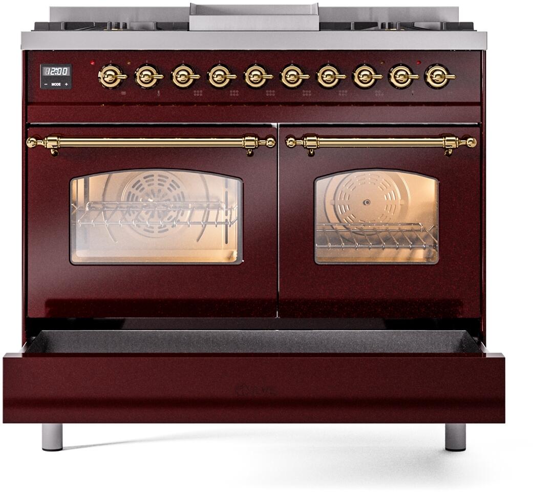 Burgundy freestanding double-oven range front with two glass doors and brass handles