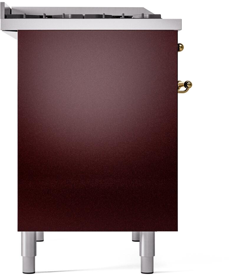 Burgundy freestanding range side panel with stainless top and brass handle