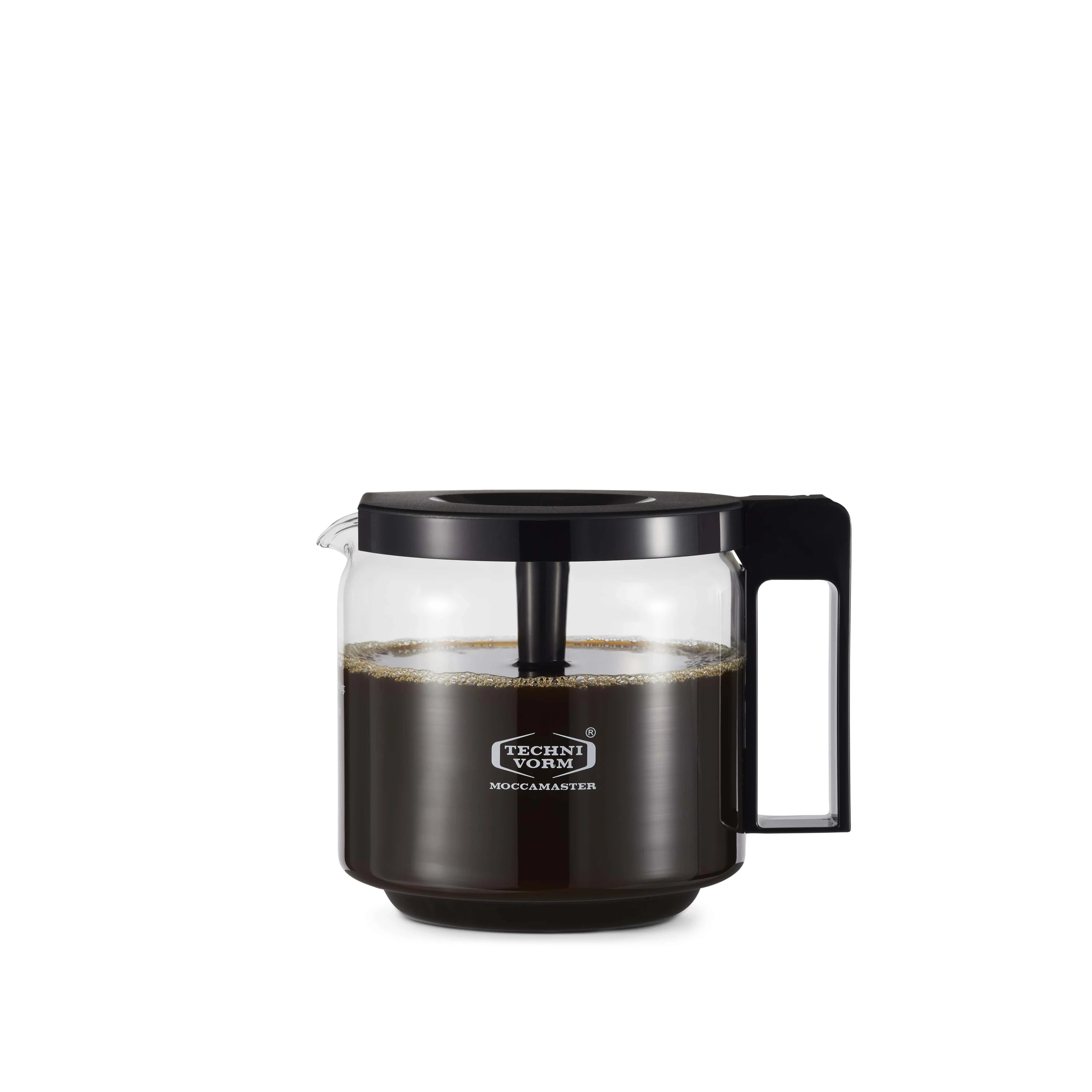 Moccamaster glass coffee carafe with black lid and side handle, 1.25 L