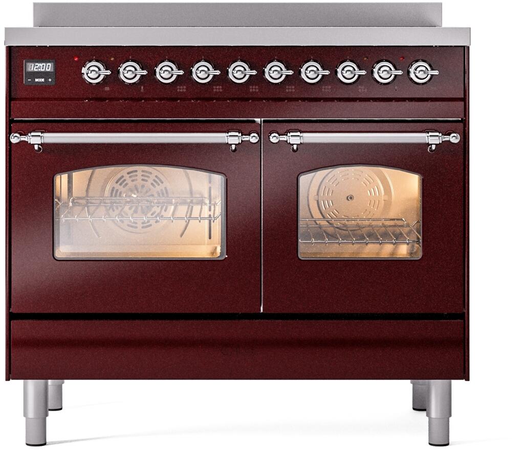 Burgundy freestanding electric induction range with chrome trim and two oven doors