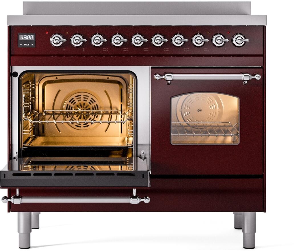 Burgundy freestanding electric induction range with one open oven door and interior racks