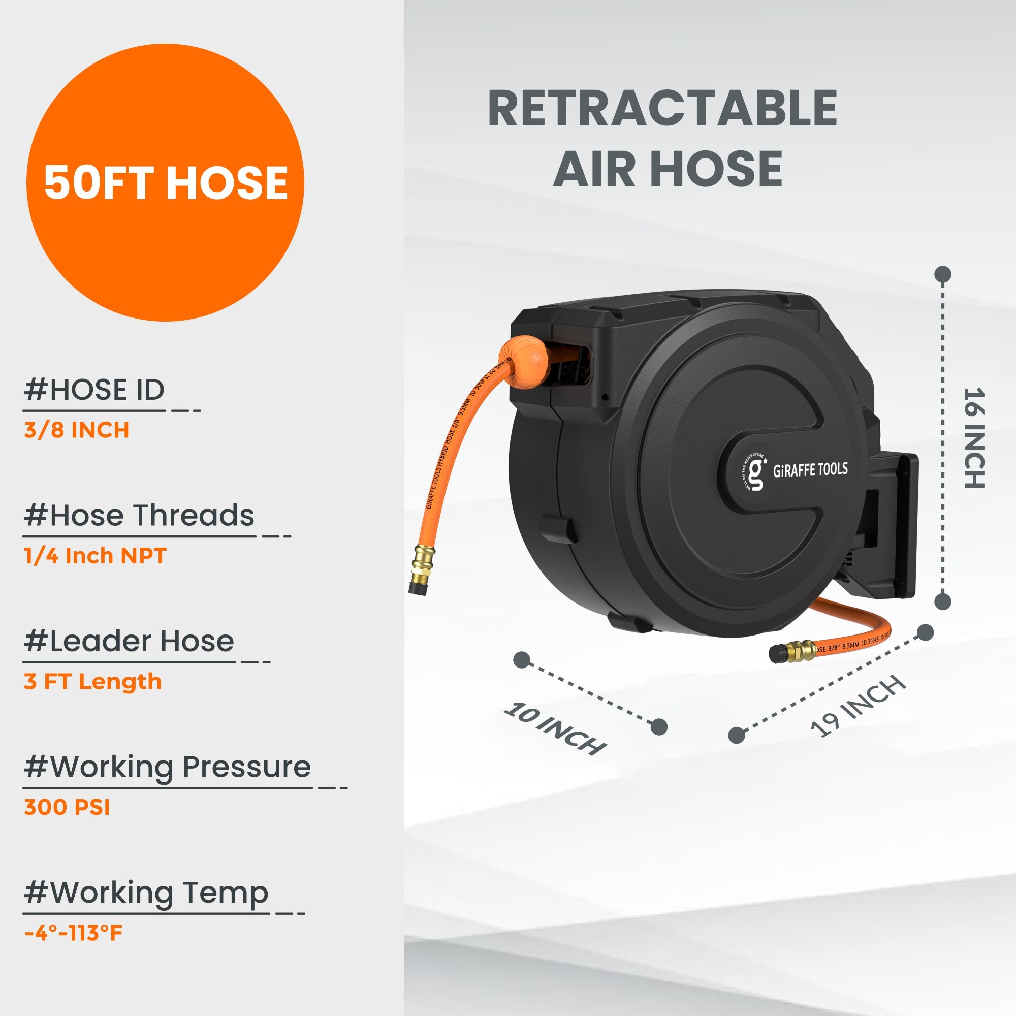 Retractable air hose reel with orange 3/8 in hose and size callouts