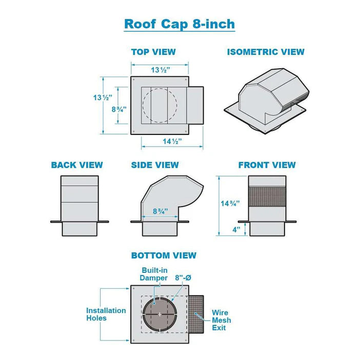 Roof cap 8-inch layout diagram with top, side, front, back views and measurements