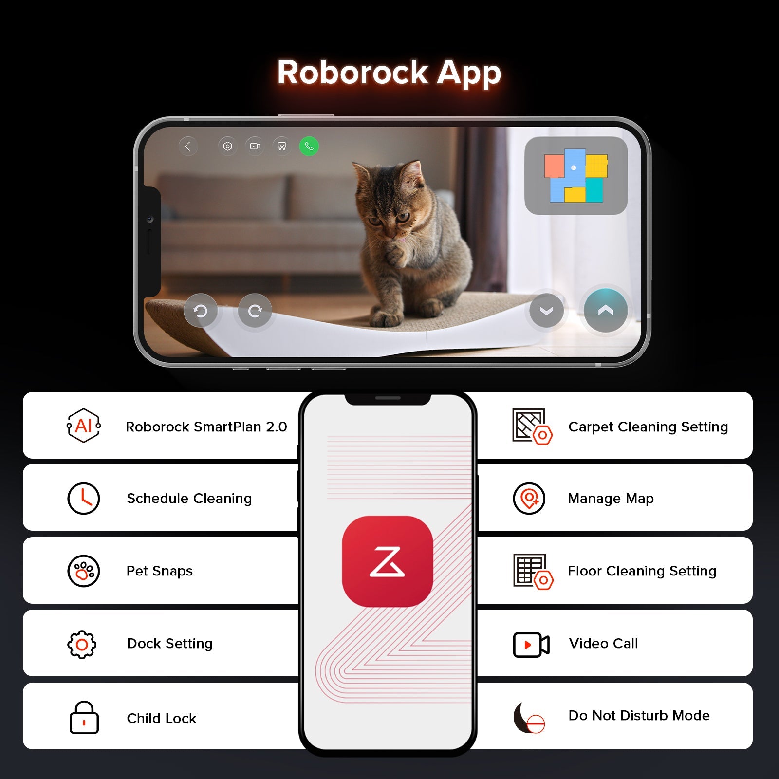 Roborock app on smartphone displaying pet cleaning controls and map options