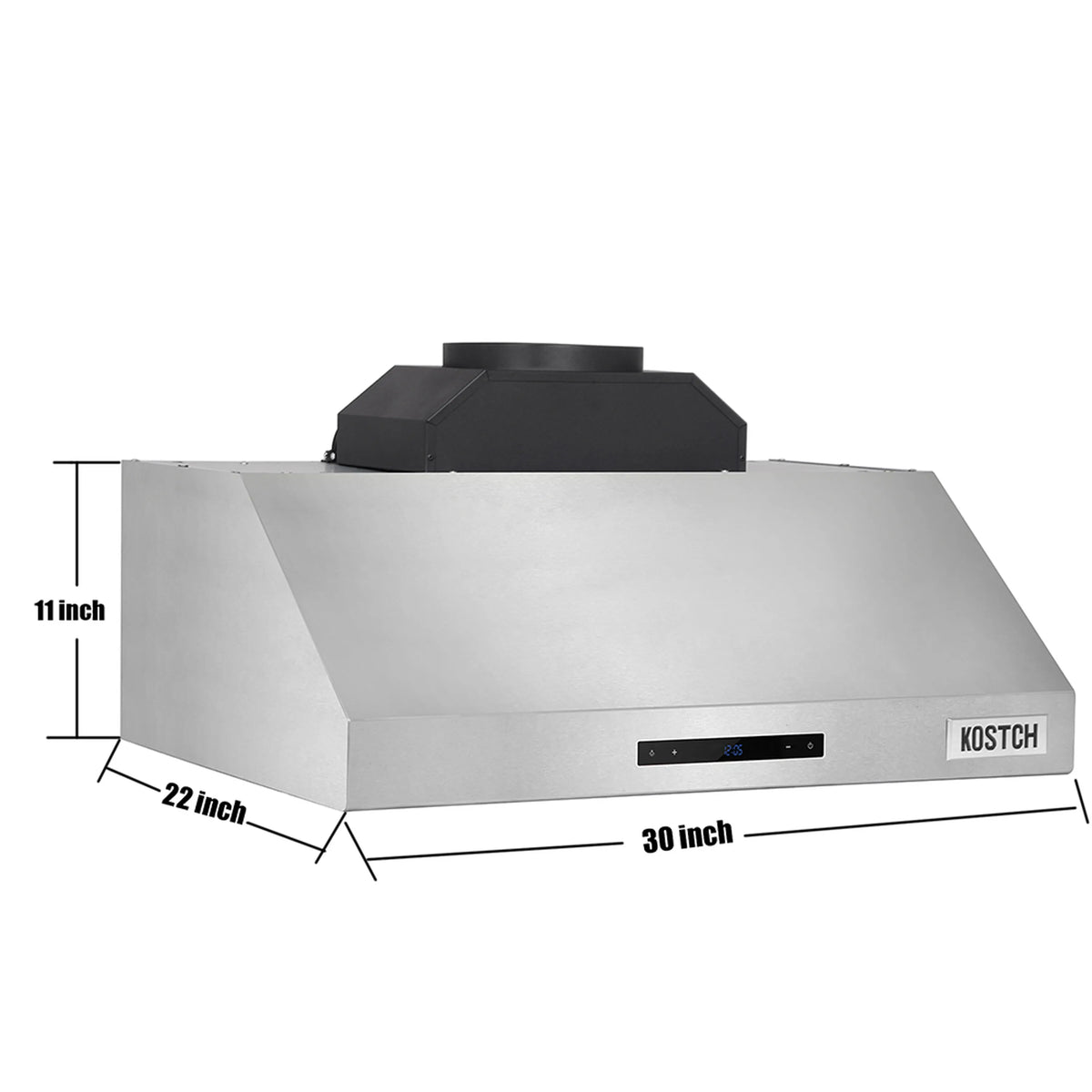 Stainless steel range hood dimensions shown: 30-inch width, 22-inch depth, 11-inch height