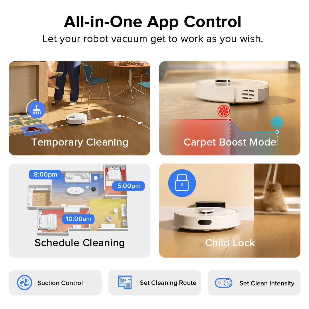 White robot vacuum on floor with smartphone app control preview