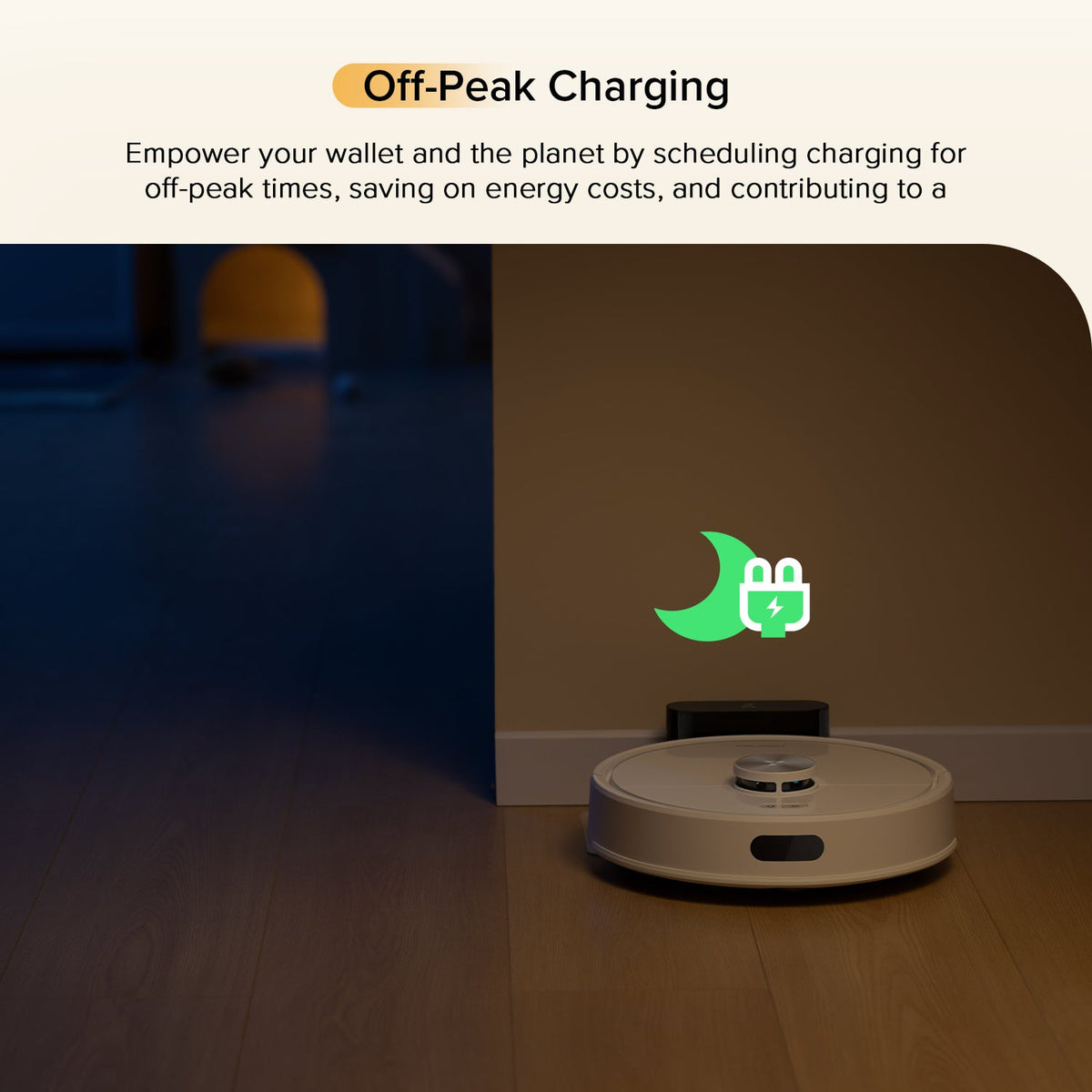 Roborock robot vacuum and mop, white robot resting on floor while charging