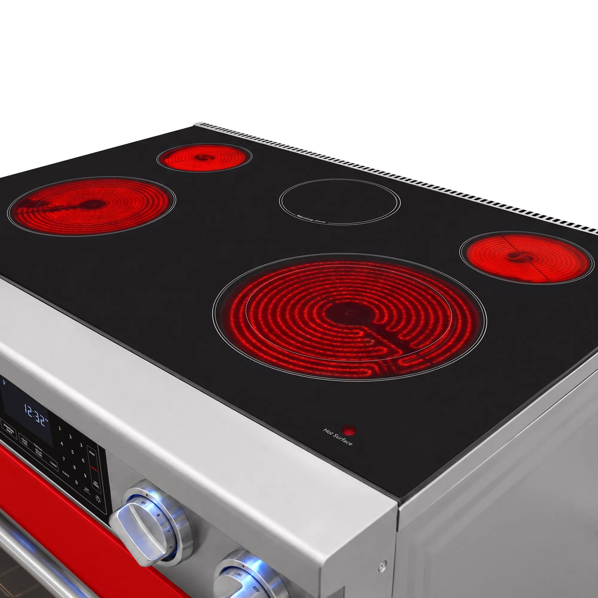 Electric cooktop with red coil rings and dark glass surface on stainless side trim