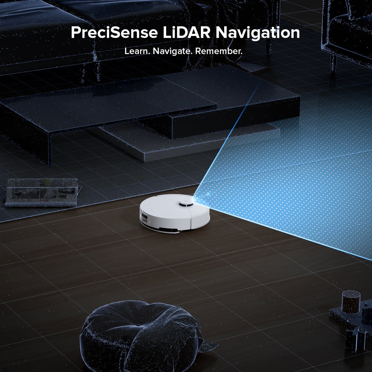 White robot vacuum and mop with laser navigation map projecting around the unit