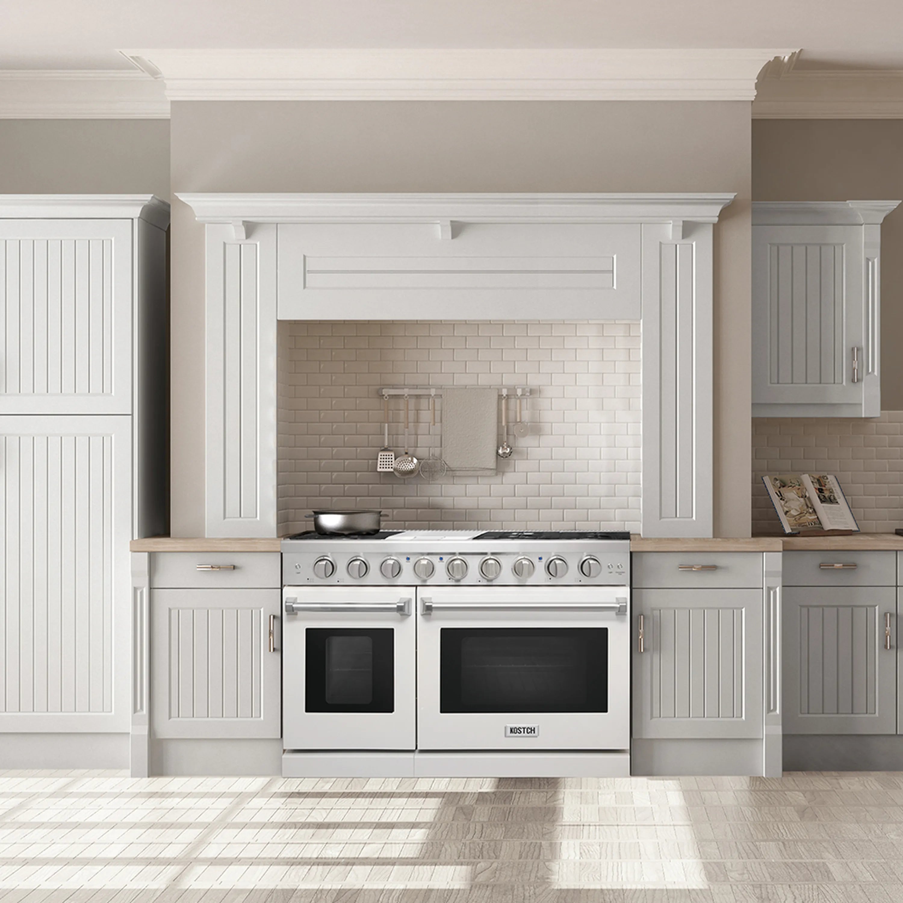 White 48-inch gas range with twin ovens and six-burner cooktop in cabinetry