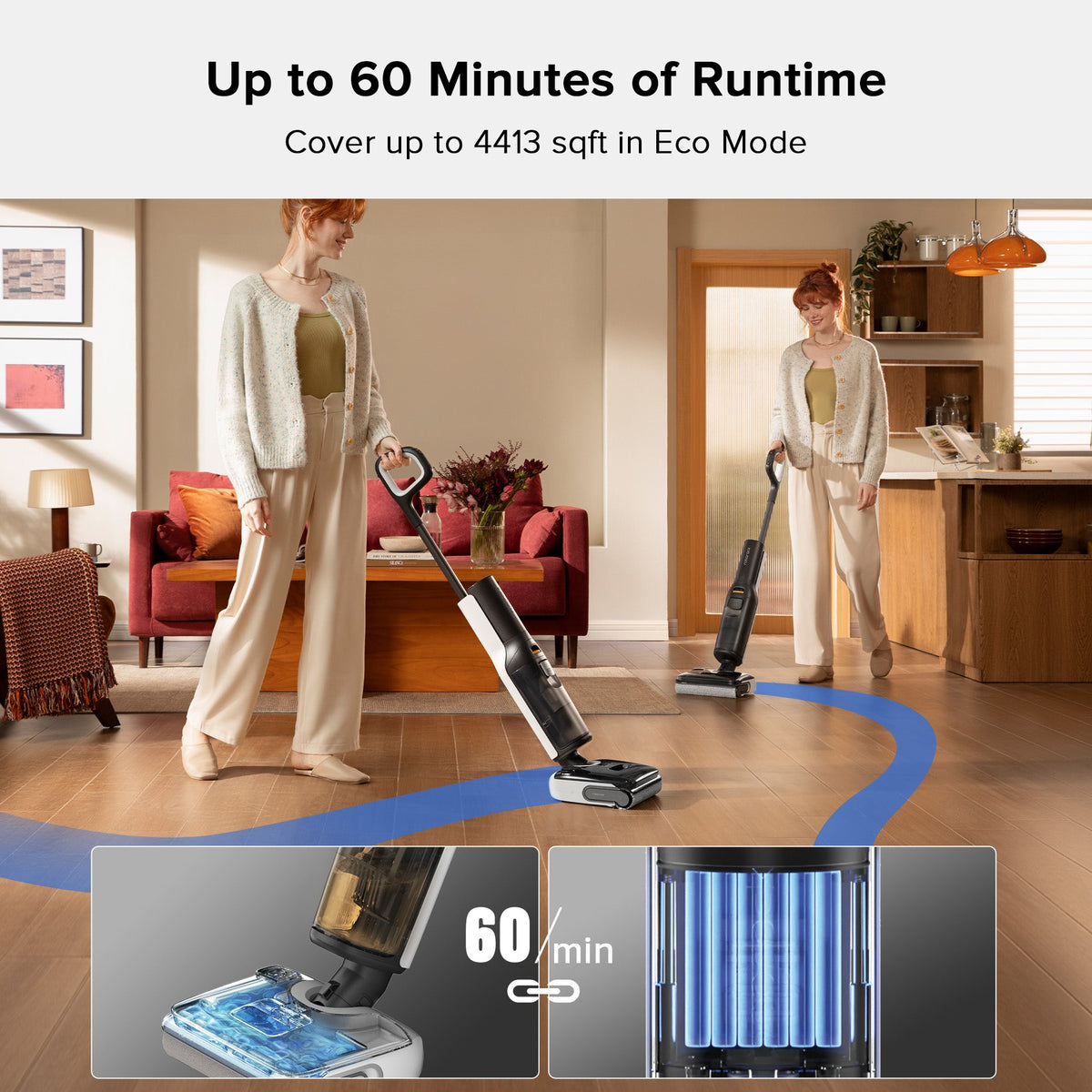 Wet and dry vacuum cleaner moving along wood floor with wide brush head, black and gray