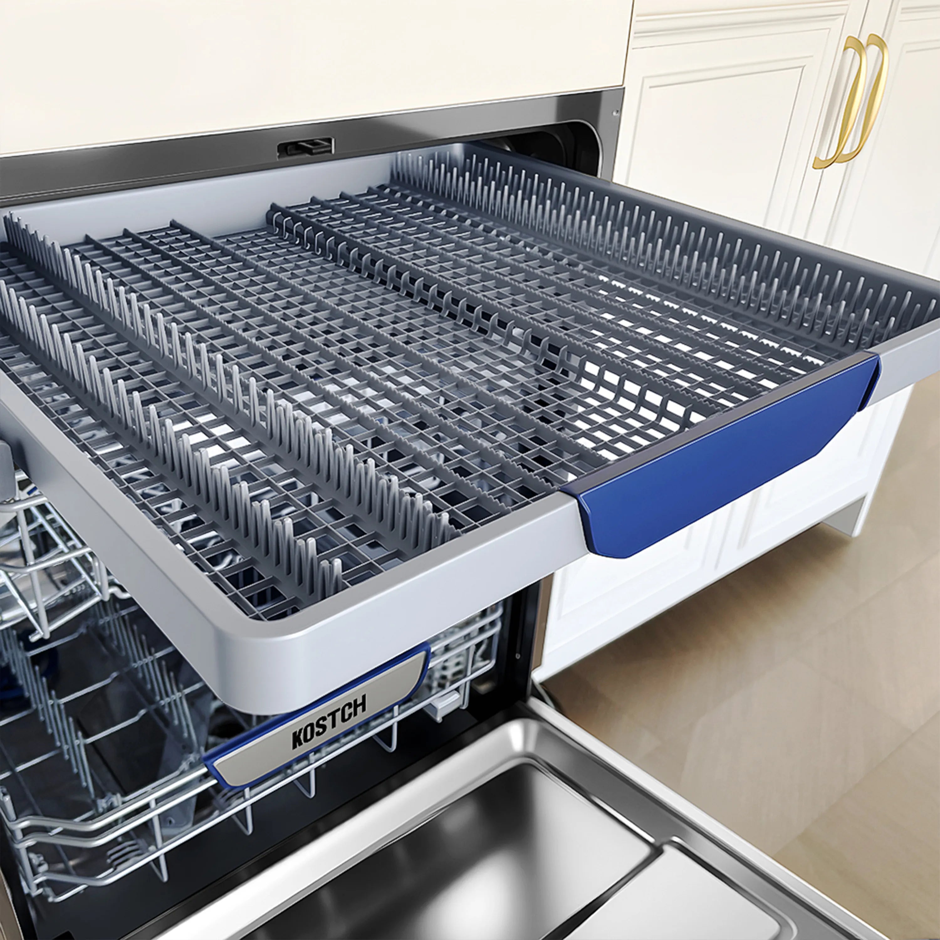 24-inch dishwasher interior with top and third rack spray arms