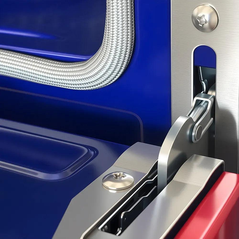 Stainless oven handle and control area on a red electric range