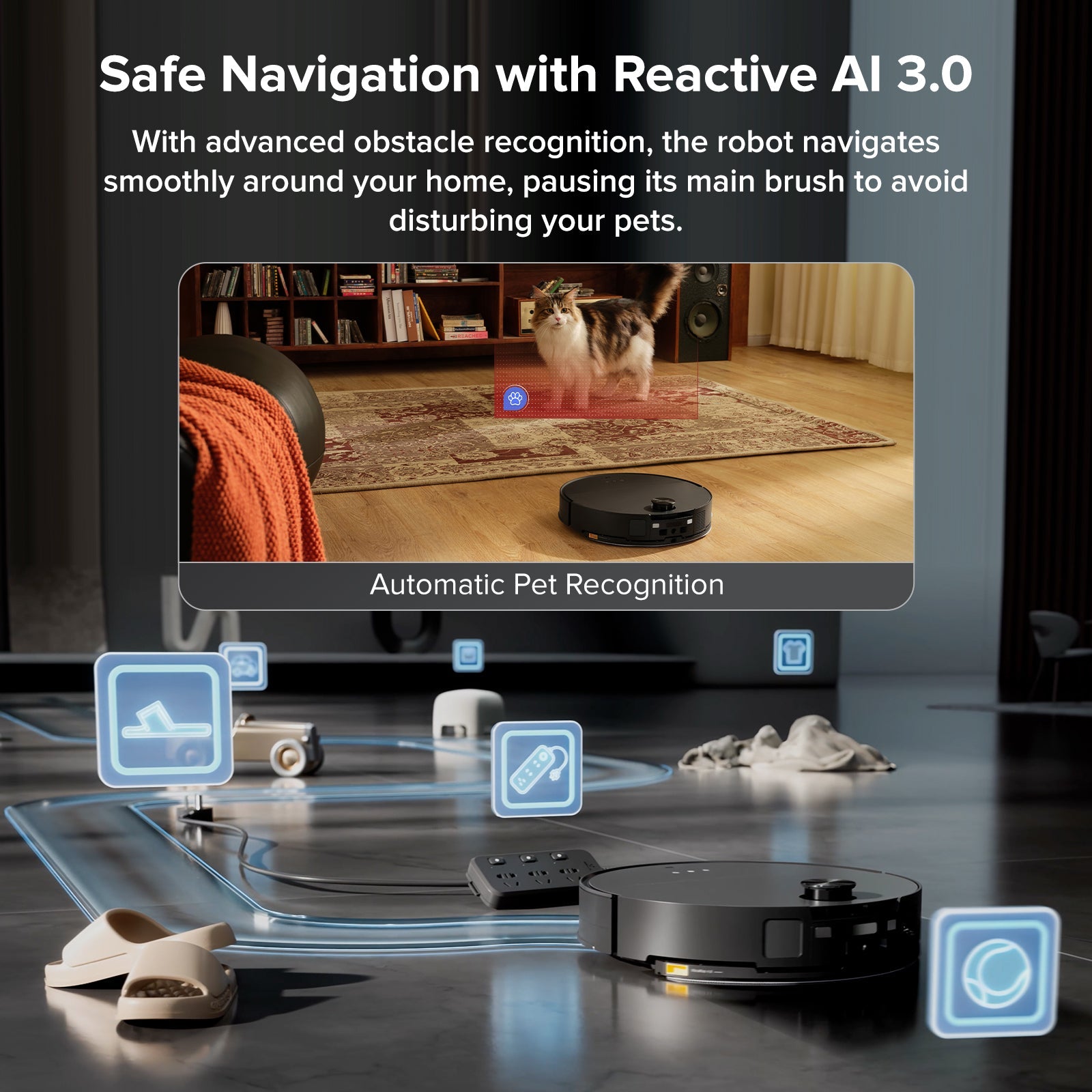 Black Roborock robot vacuum navigating a room with reactive AI obstacle detection indicators.