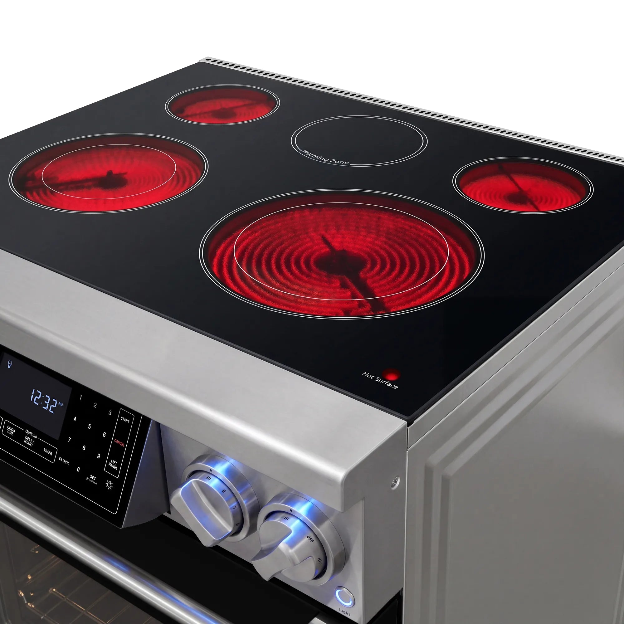 Black glass cooktop with four red glowing electric heating elements and burner zones