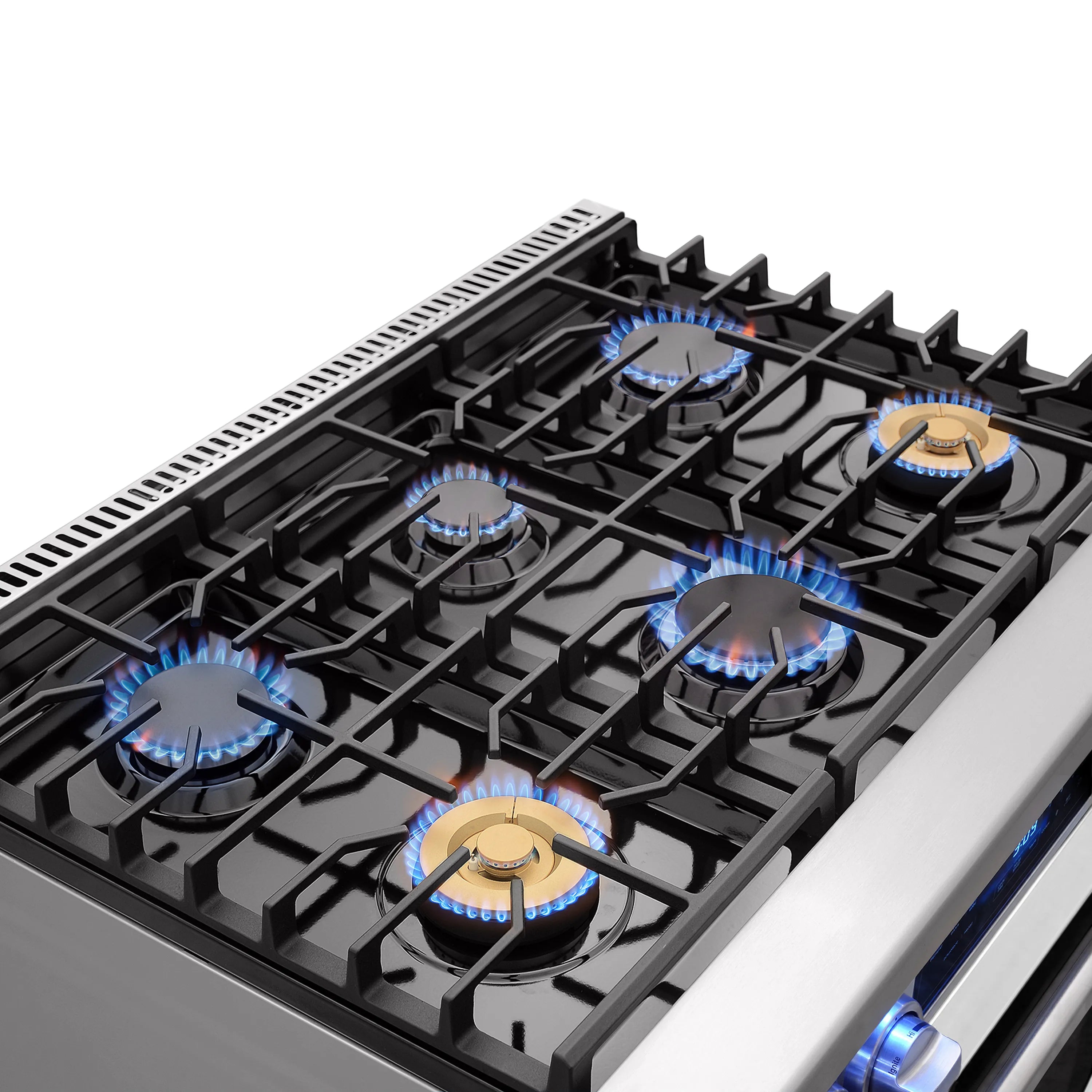 White gas cooktop with black burner grates and lit sealed burners