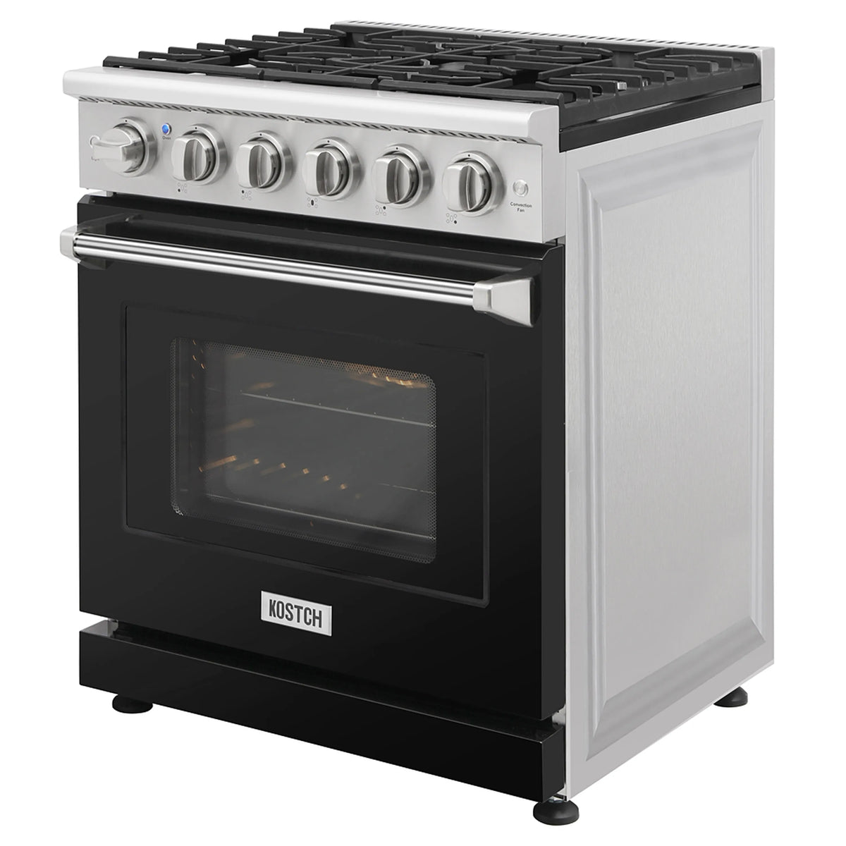 Freestanding gas range with black oven door window and five burner top