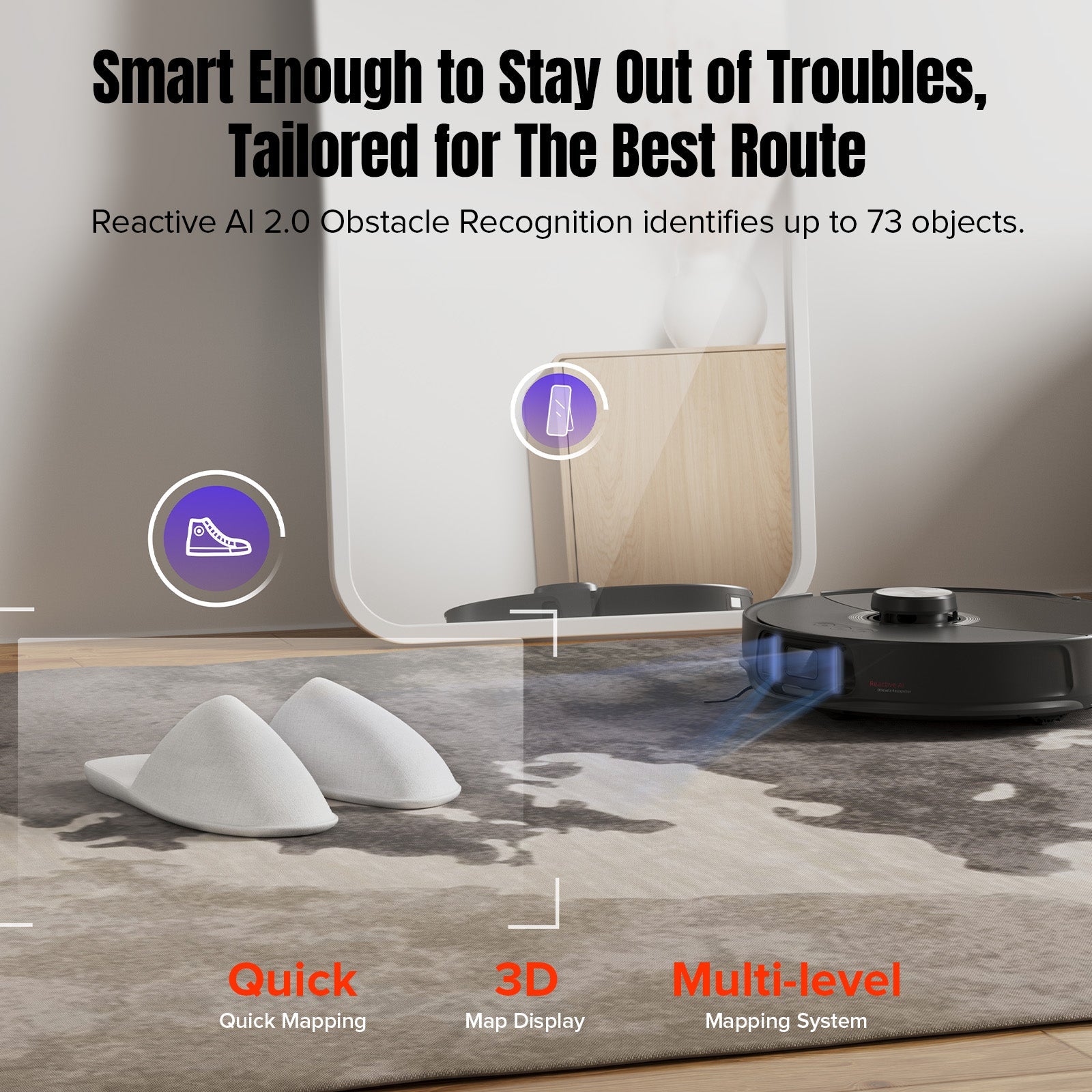 Robot vacuum navigating a room with obstacle-detection route markers on floor
