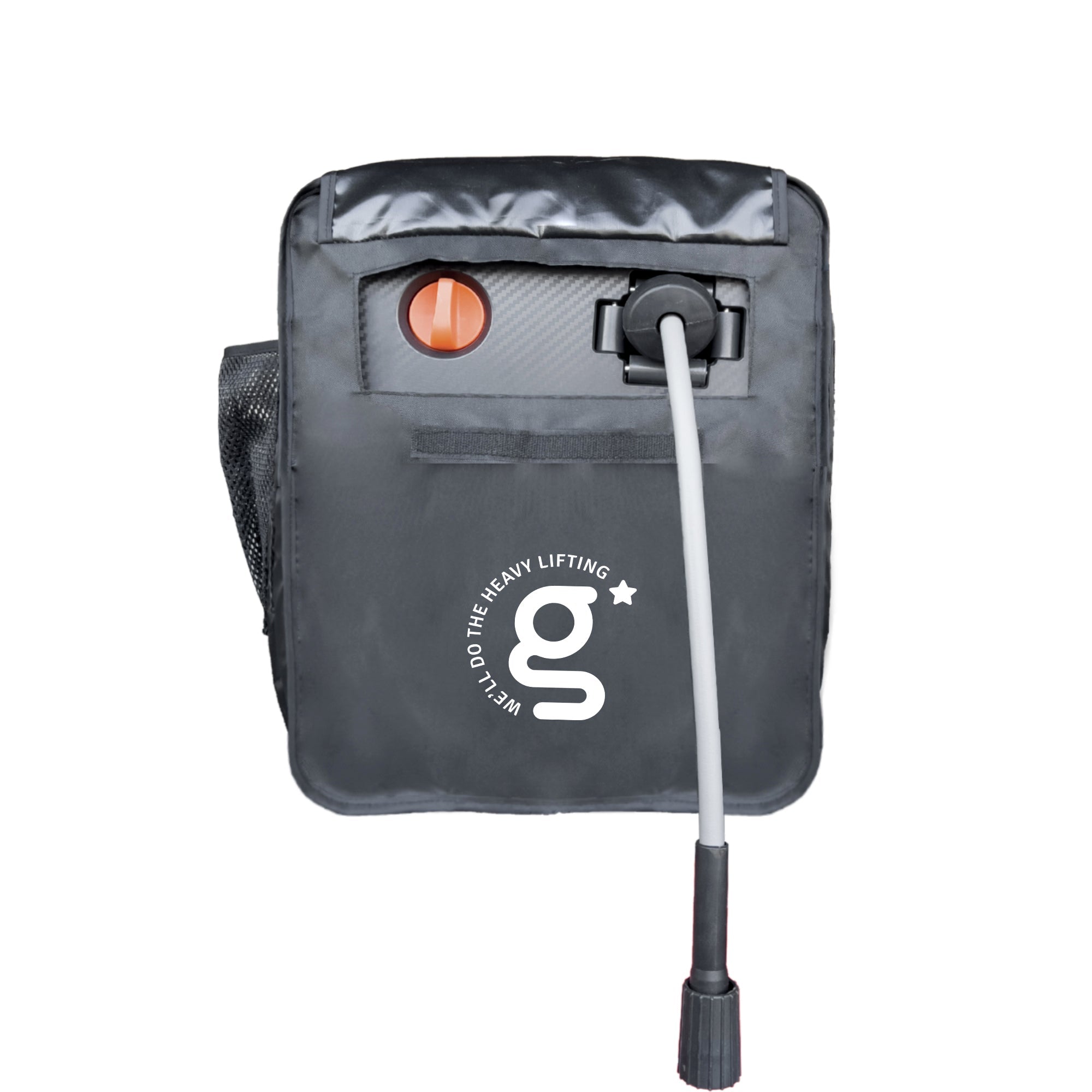 Front view of black pressure washer cover bag with orange valve window and support rod