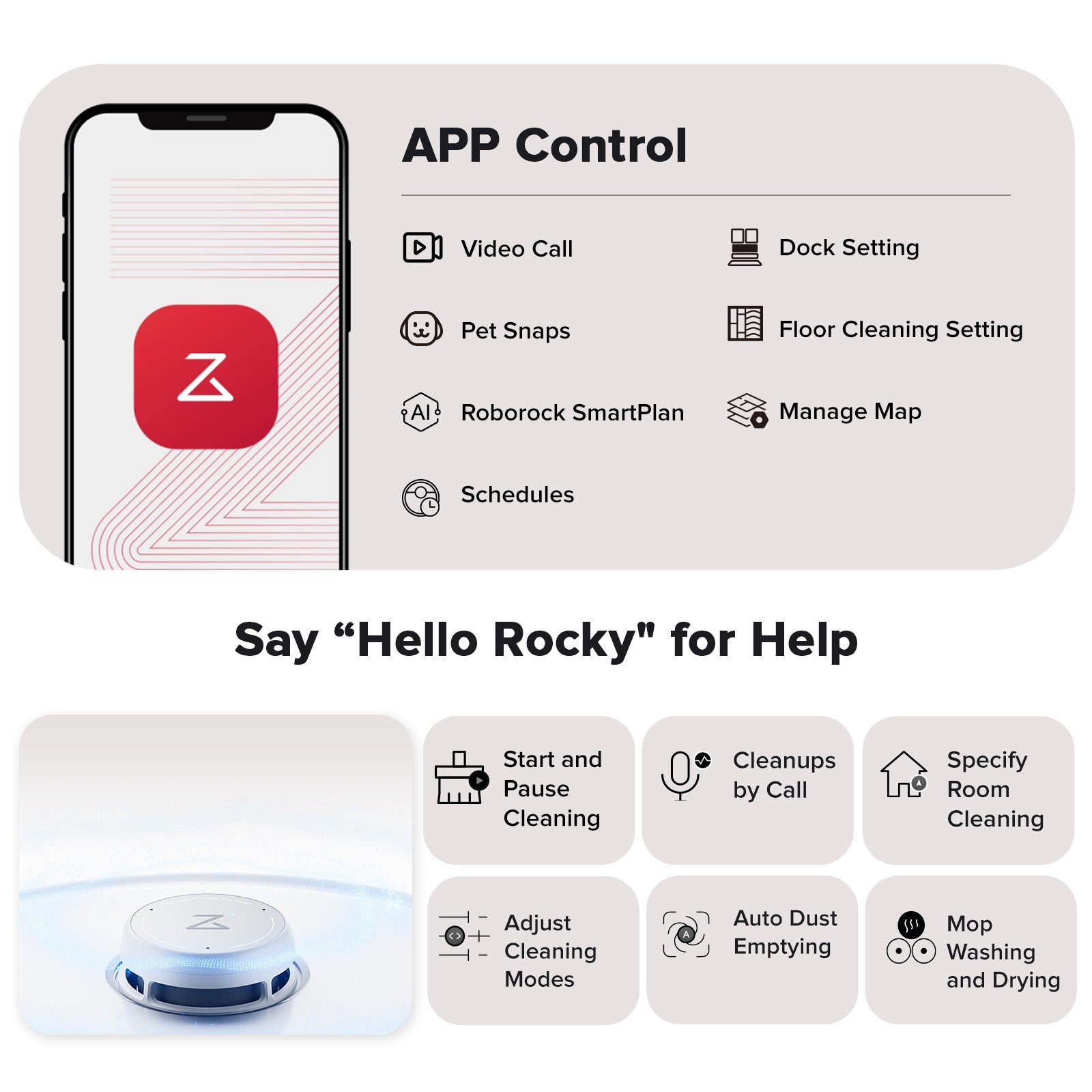 Roborock app control screen with robot vacuum docking and cleaning options