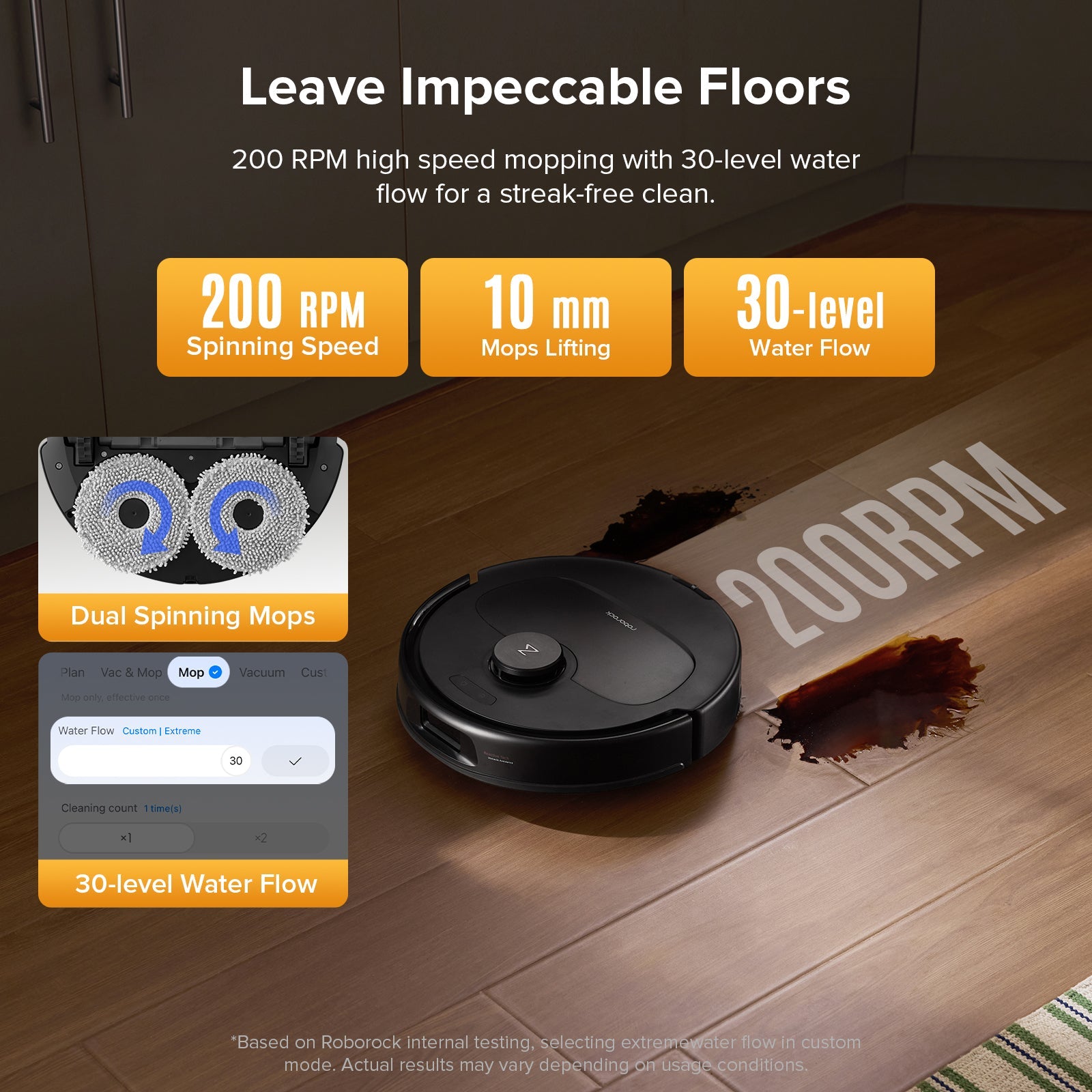 Black robot vacuum performing mopping on hardwood floor with visible dual spinning mops