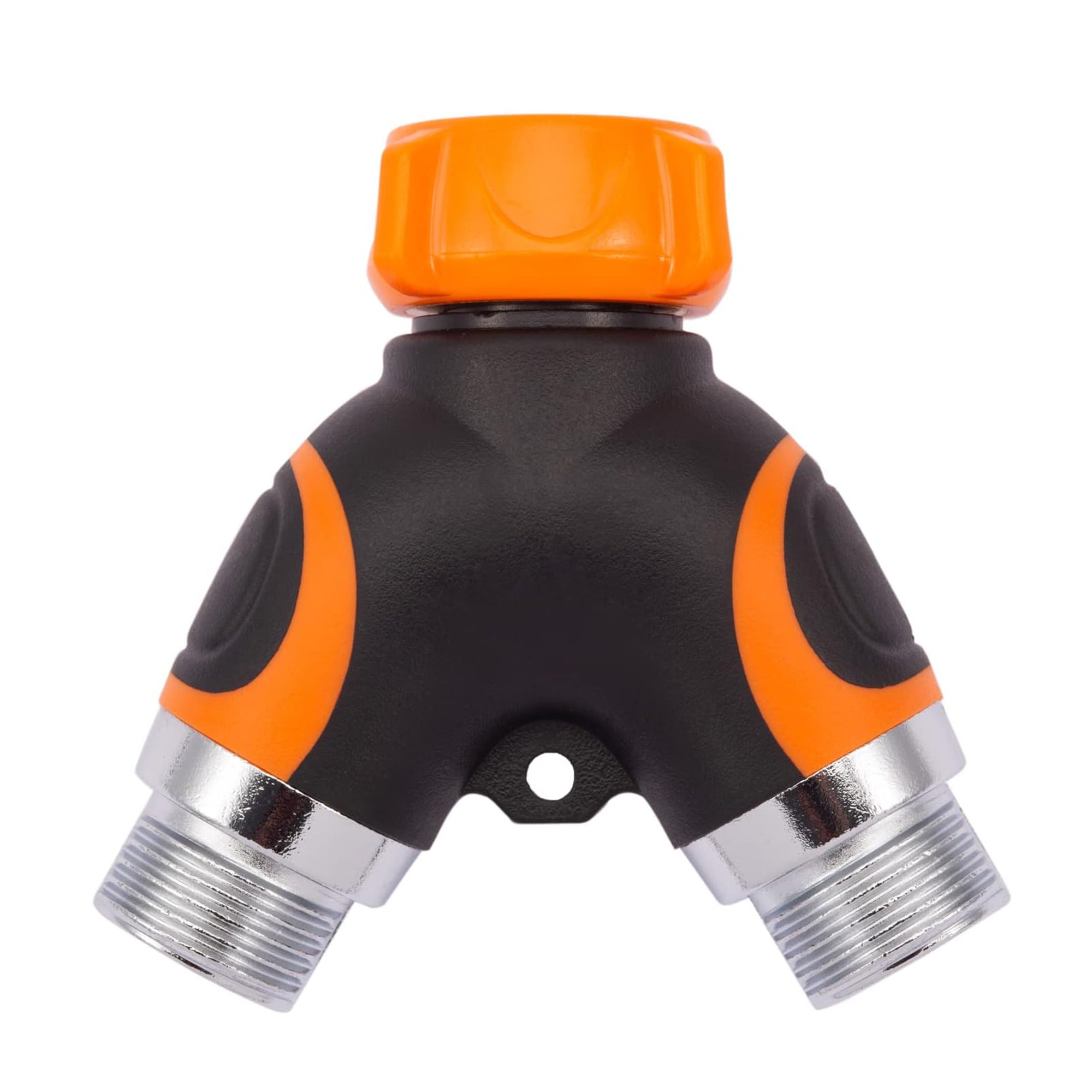 Metal water hose splitter with two silver hose threads and orange-and-black body