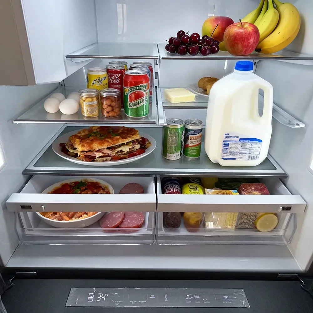 Refrigerator interior with drinks, eggs, and food containers on glass shelves