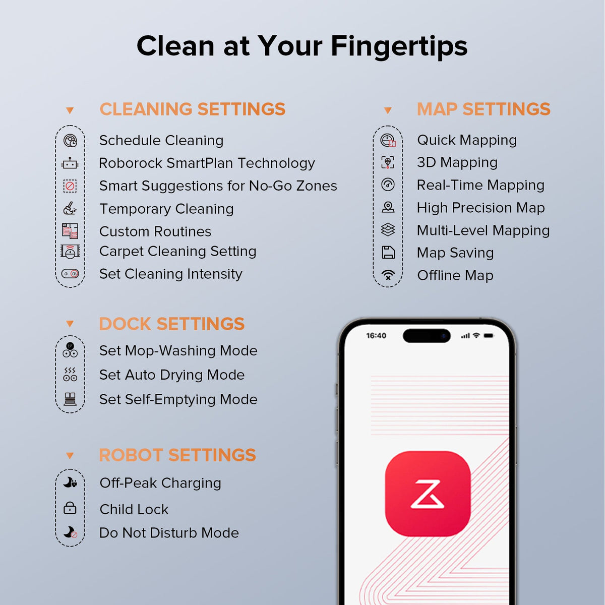 Robot vacuum app settings on smartphone screen with map and dock options
