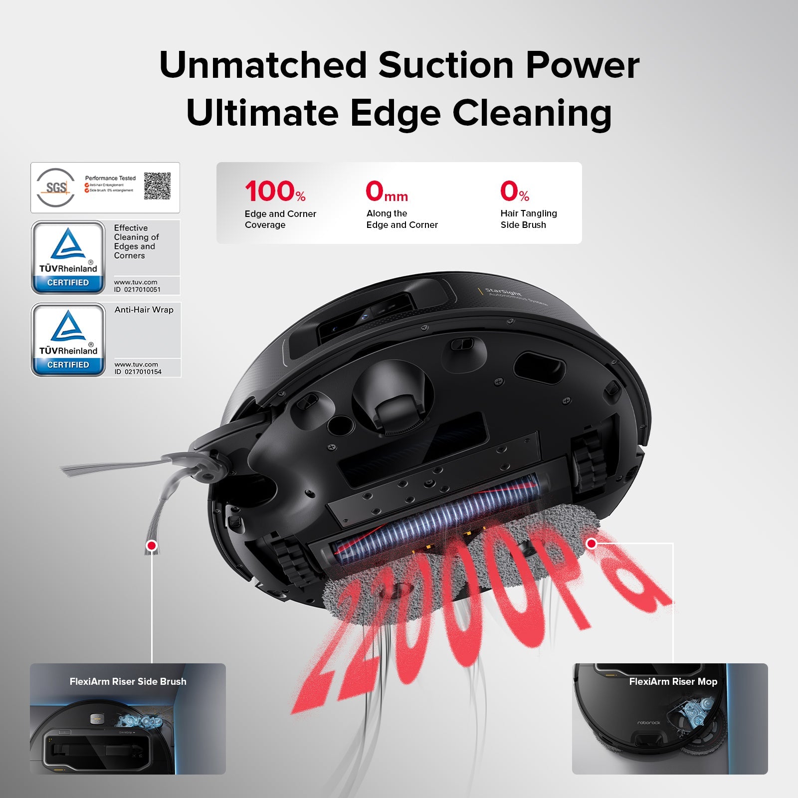 Underside view of robot vacuum with main brush and flexible side mop attachment