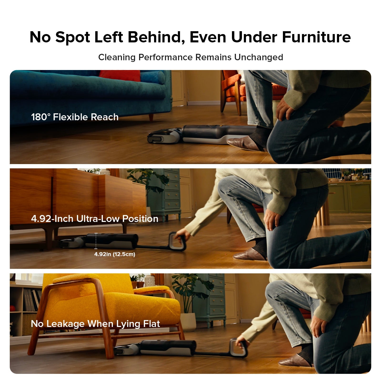 Cordless stick vacuum with floor nozzle reaching under furniture, dust bin visible