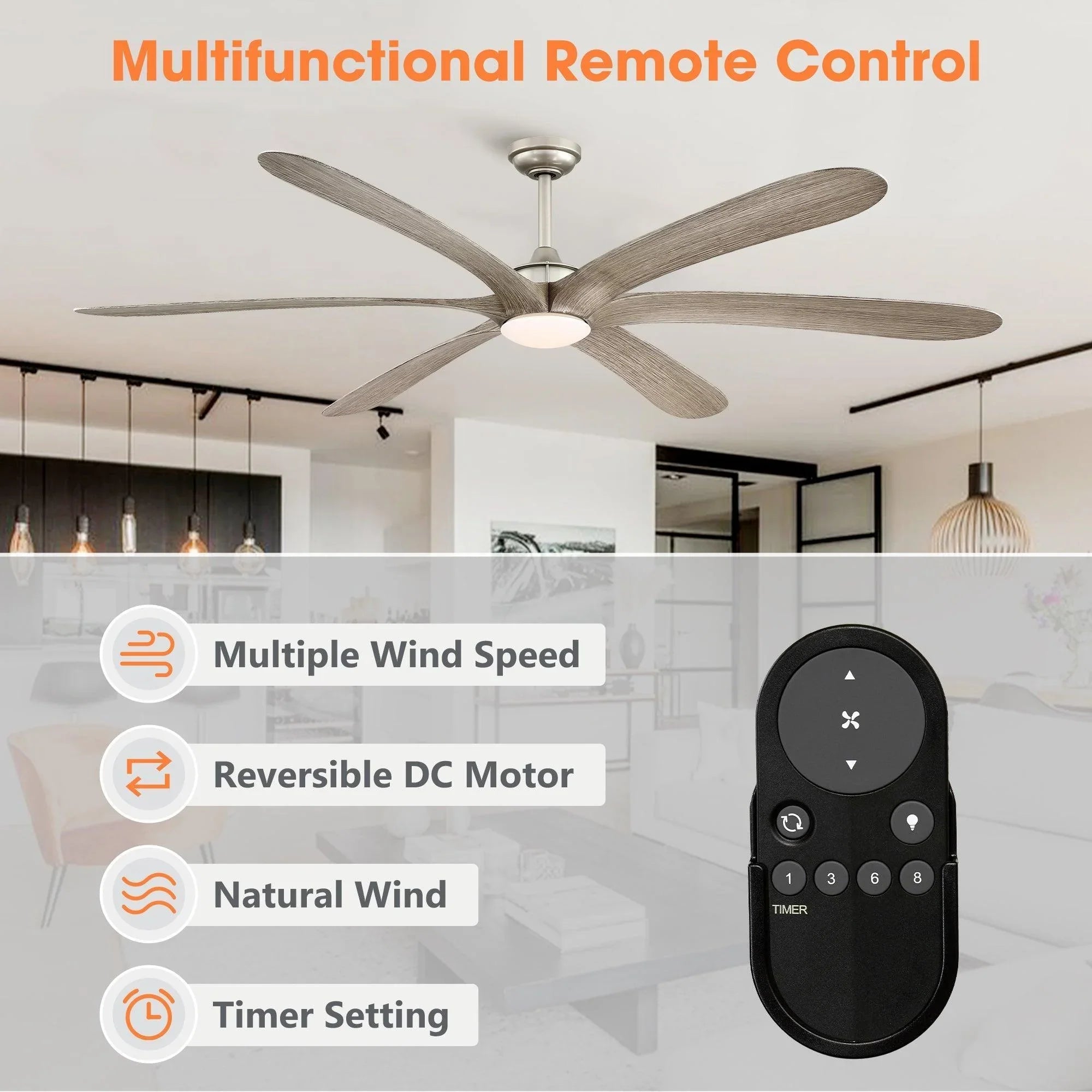 72-inch farmhouse ceiling fan with integrated light and handheld remote control