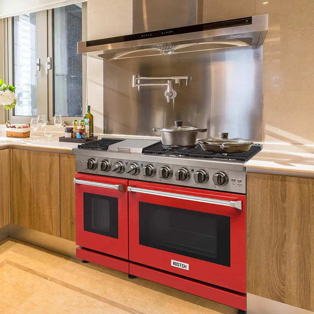 Red 48-inch propane gas range with stainless control panel, burners, and oven doors
