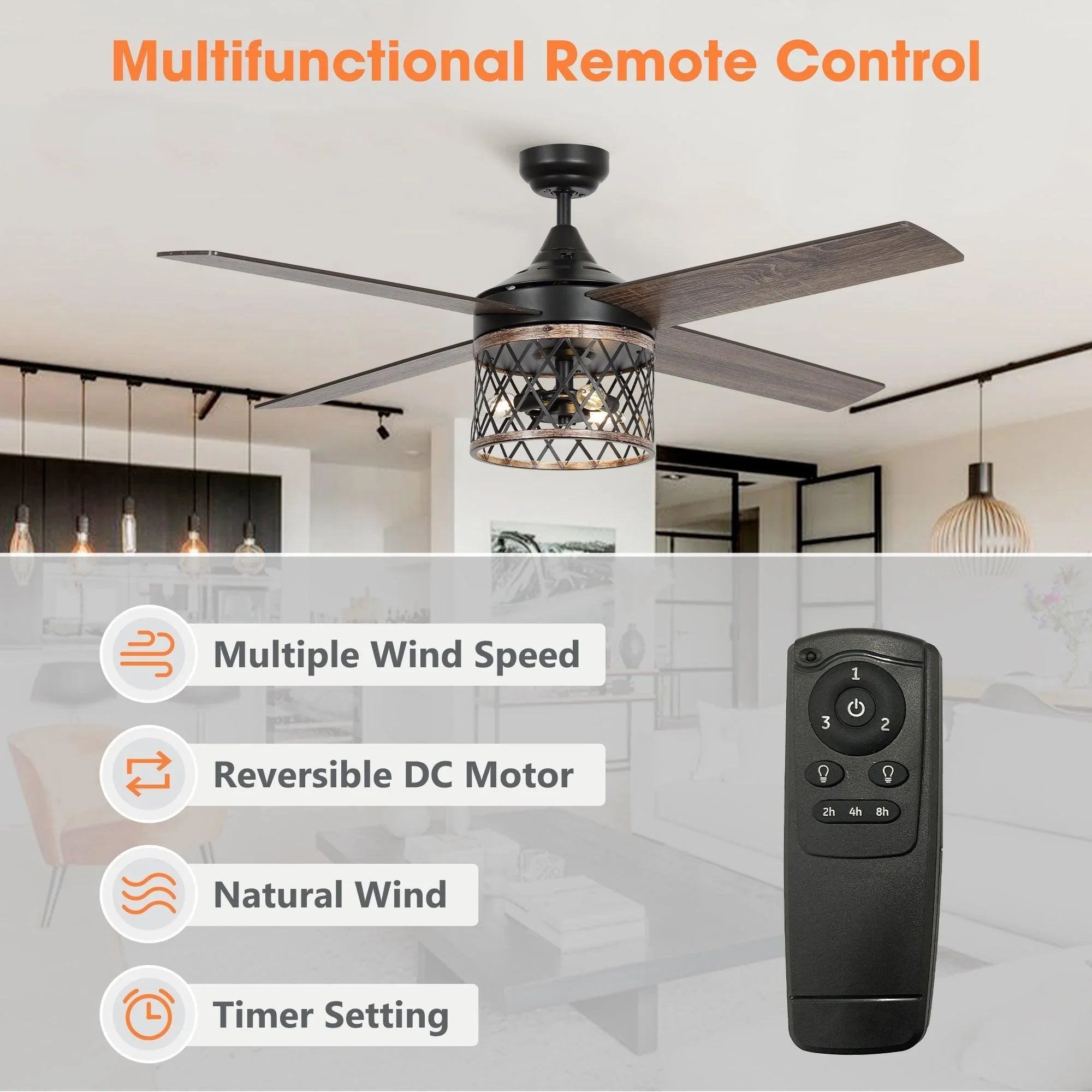 Black ceiling fan with caged light and remote control beside it.
