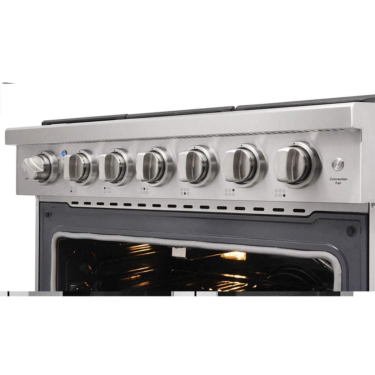 Gas range control panel with 6 knobs and open convection oven door