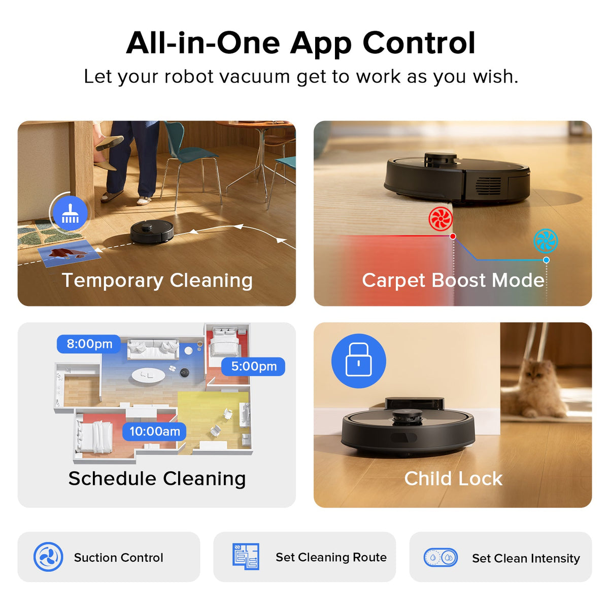 Robot vacuum with app control screen showing cleaning modes and schedule icons
