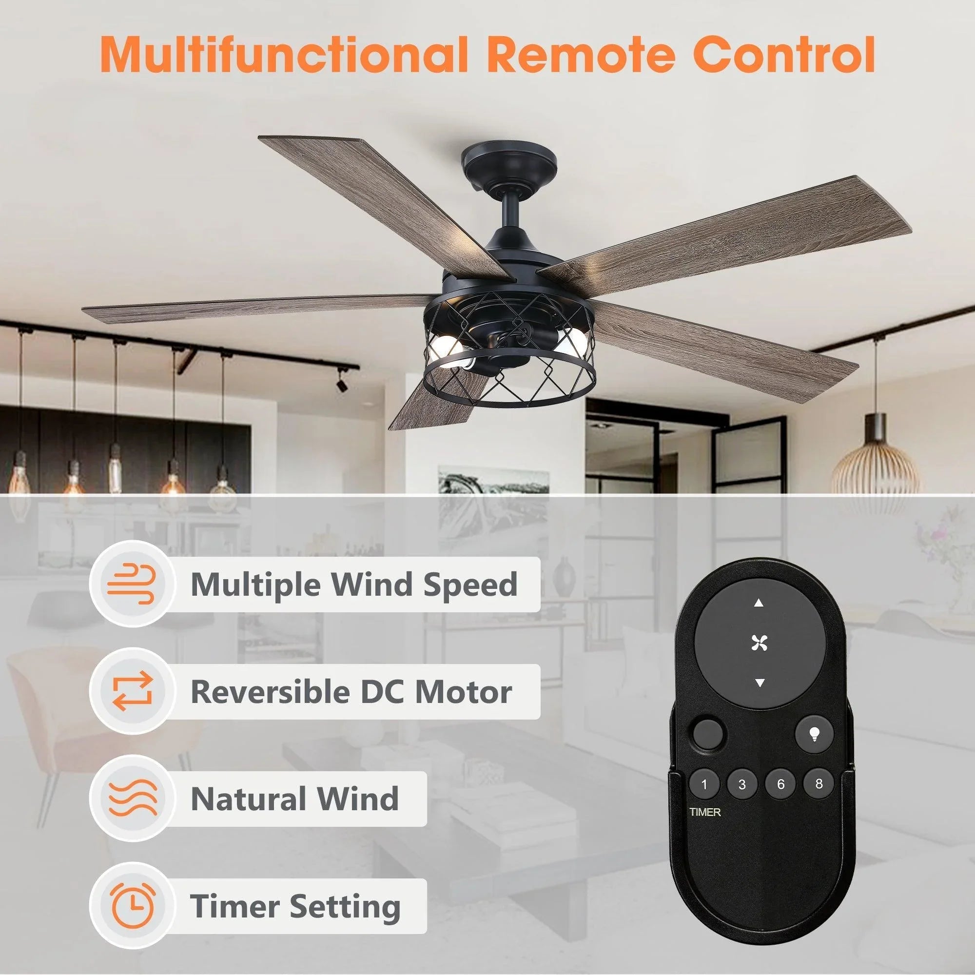 Black five-blade ceiling fan with integrated light and included remote control